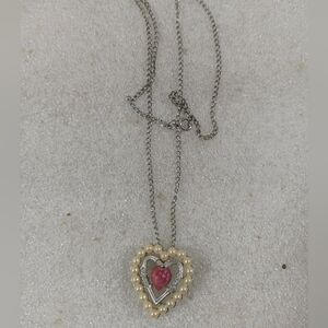 Avon Dear Heart Pendant Necklace Faux Pearl Pink Rhinestone Silver Tone